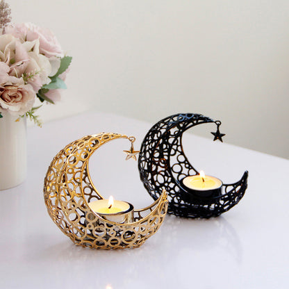 Licht Luxus Crescent Moon Star Moon Schwarz Gold Metall Kerzenhalter Moderne romantische Hochzeit Weihnachts kerze Tasse Wohn dekoration